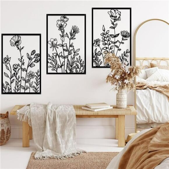 Black Metal Flower Wall Art Set Abstract Minimalist Decor for Bedroom Living - Picture 6 of 8